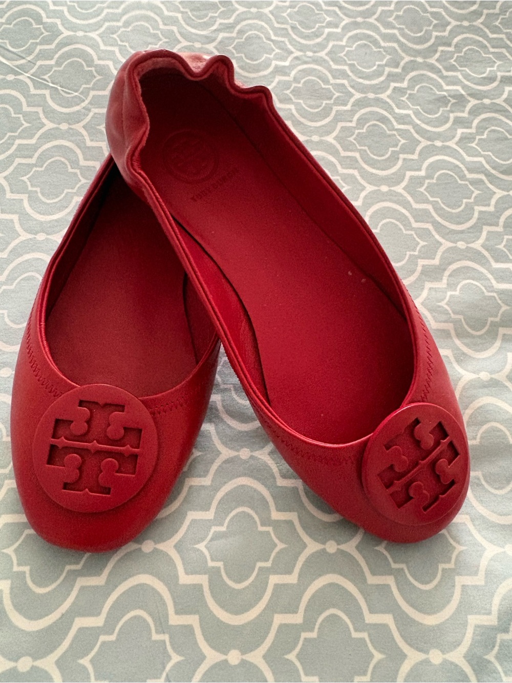 Tory Burch Cherry Red Logo Round-Toe Ballet Flats